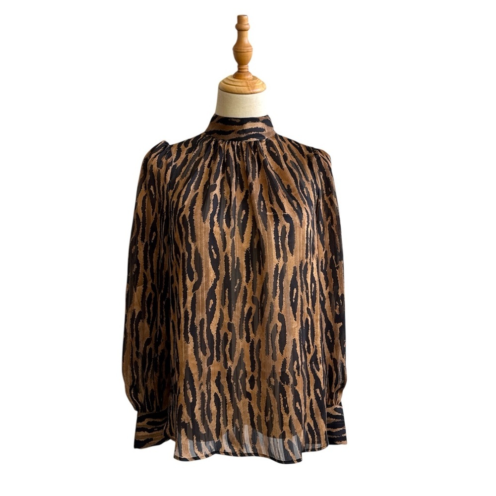 H&M Leopard Print Pattern Blouse Light Brown Crep… - image 2